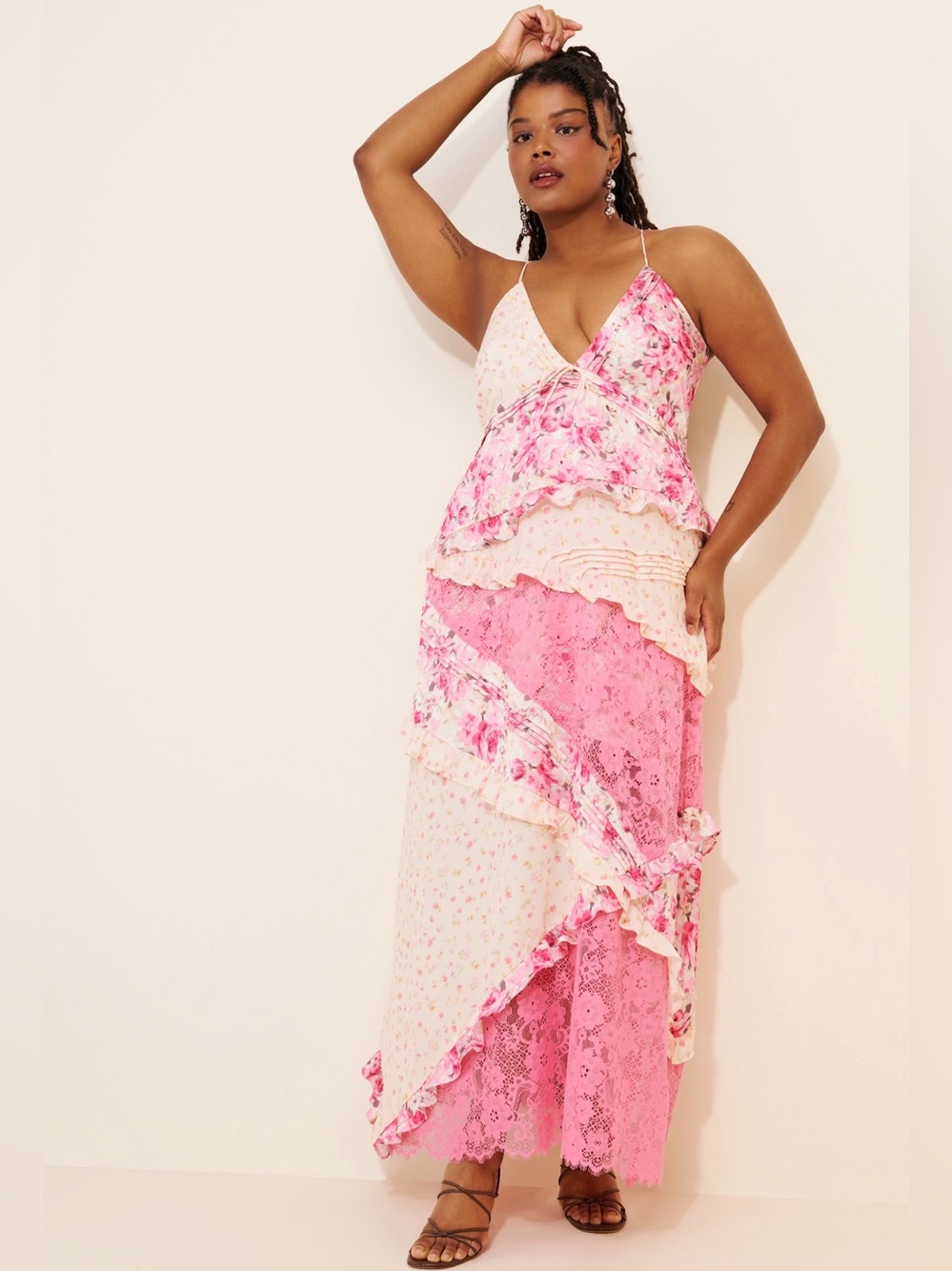 Rosalyn Maxi Dress For Love & Lemons Pink Lace Tiered